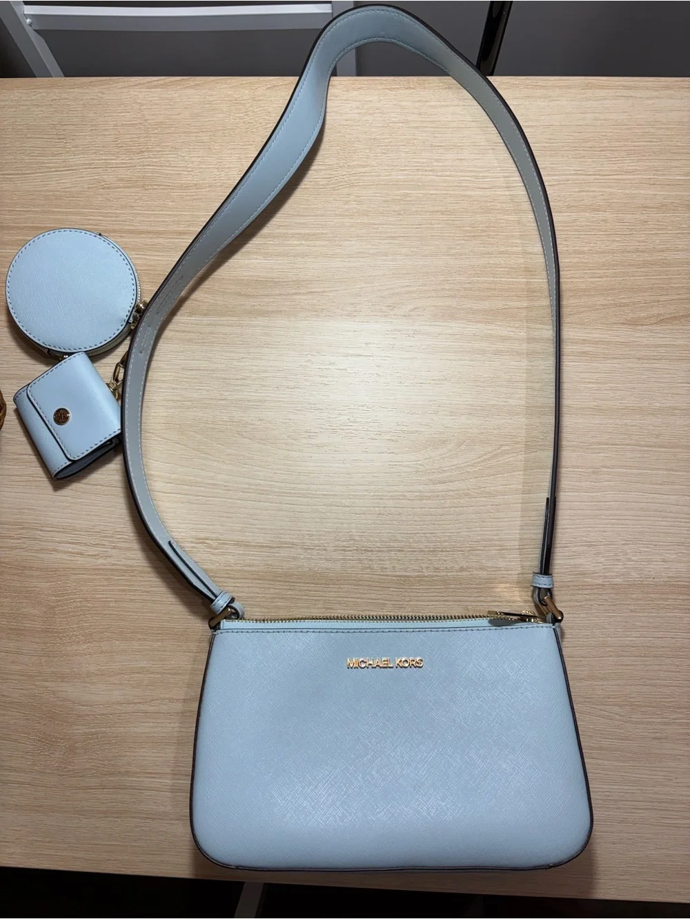 Michael Kors Pale Blue Saffiano Leather Shoulder Bag with Gold Hardware